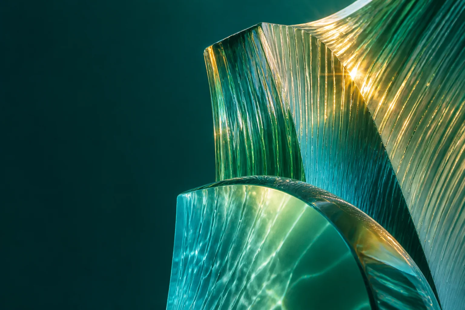 Abstract turquoise and emerald glass catching warm golden sunlight