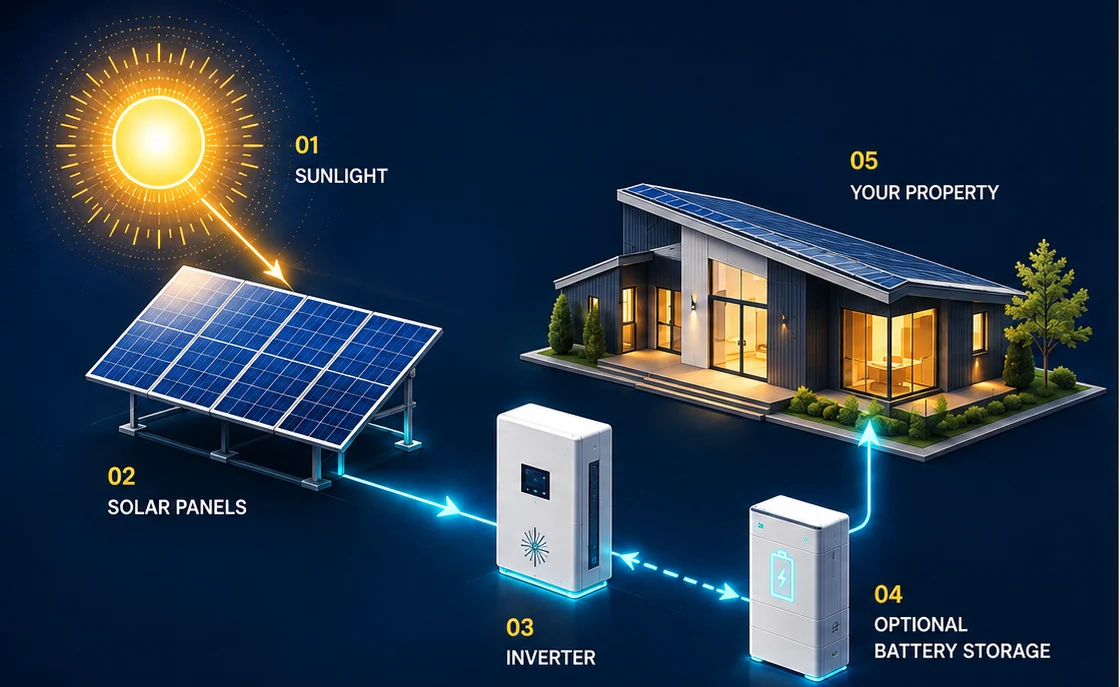 How a solar system works: sunlight reaches the panels, an inverter converts the power, an optional battery stores it, and the property is powered.